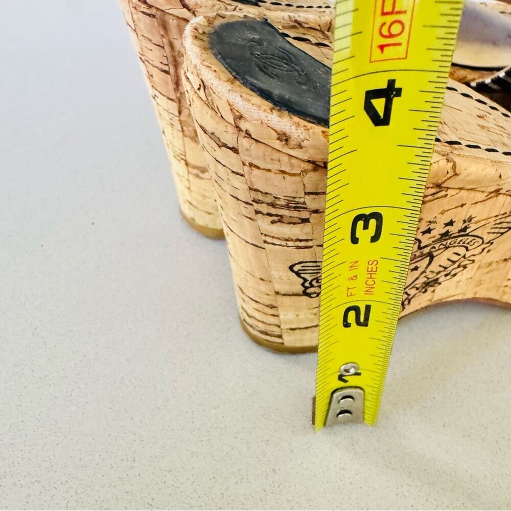 CHANEL Black White Stripe Canvas CC Logo Tan Beige Cork Wedge Sandal Slides 36 - Picture 8 of 16